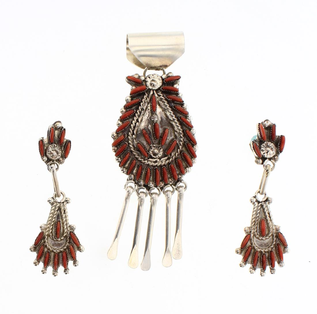 Eva L. Wyaco Zuni Needlepoint Coral Pendant & Earrings (1 of 2)