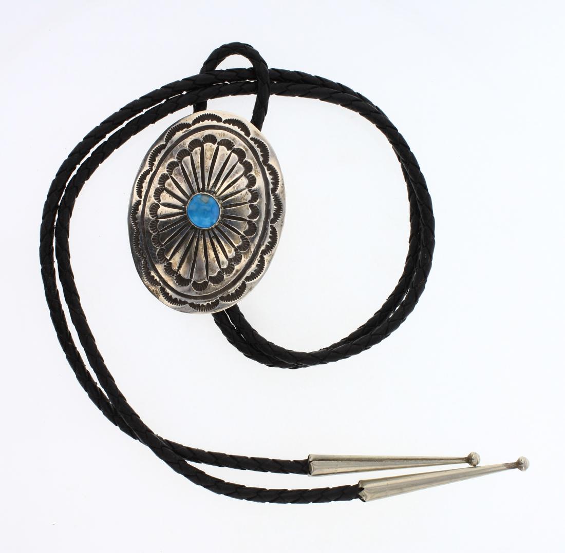 Vintage Heavy Stamp Turquoise Bolo Tie (1 of 2)