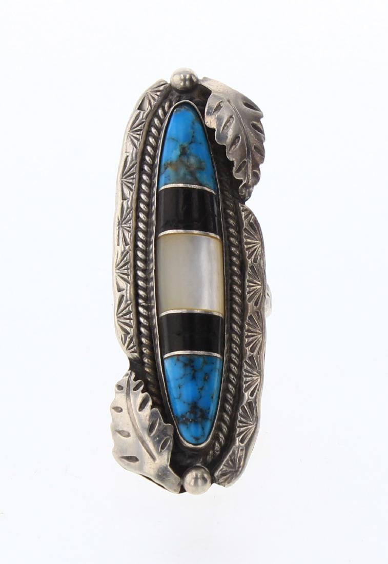 Vintage Turquoise Inlay Leaf Stamp Ring (1 of 3)