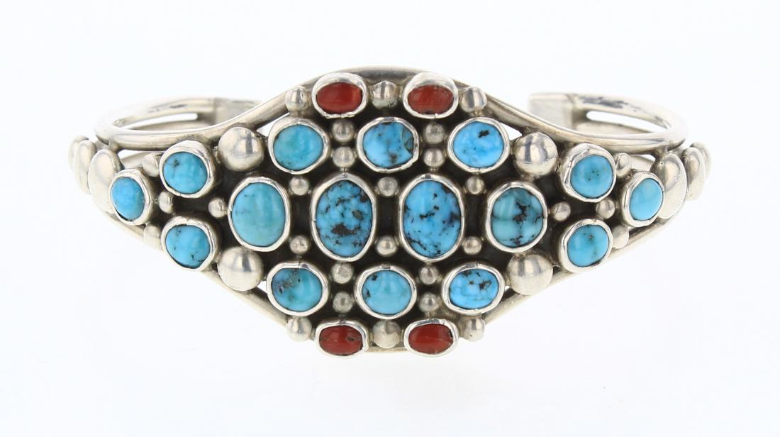Vintage Turquoise & Coral Cluster Drop Cuff Bracelet (1 of 3)