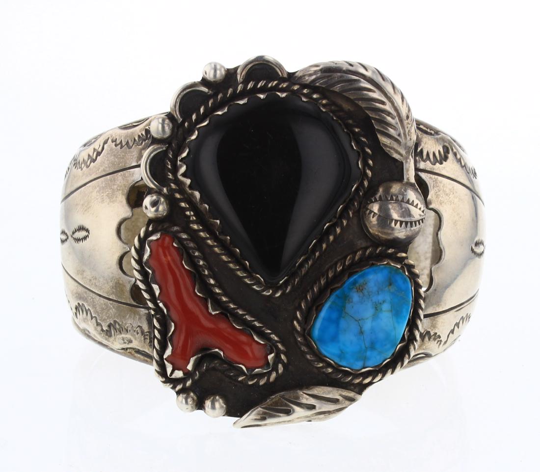 Old Pawn Turquoise Black Onyx & Coral Cuff Bracelet (1 of 3)