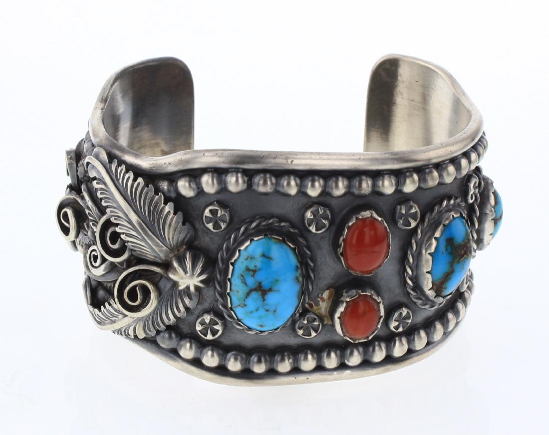 A. & L. Wallace Zuni Vintage Turquoise & Coral Cuff (1 of 4)