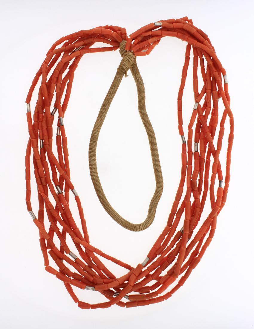 Old Pawn Coral & Silver Barrel Beads Necklace (1 of 2)