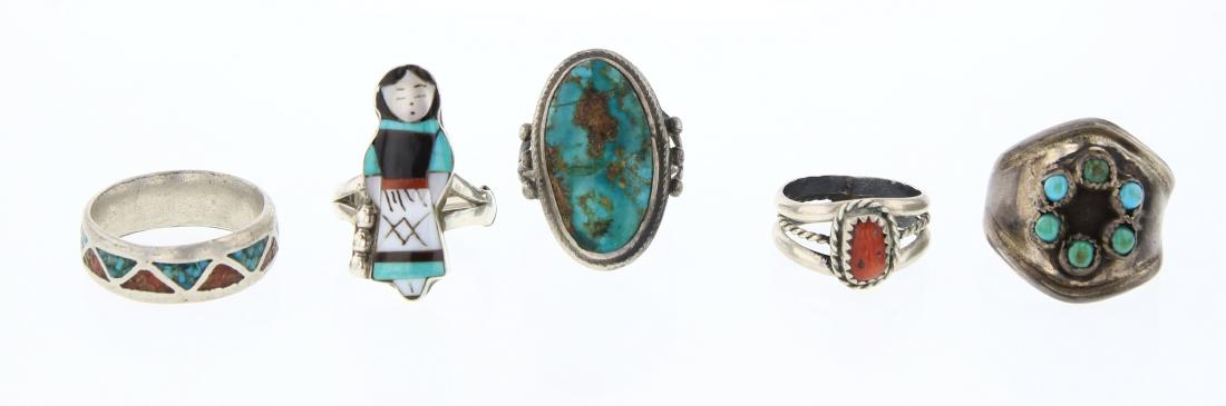 Old Pawn & Vintage Turquoise & Coral Rings Lot of Five (1 of 3)