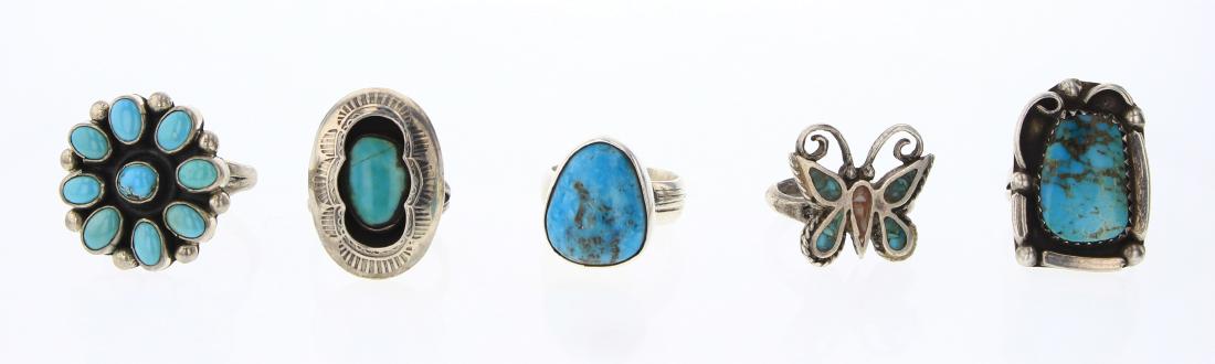 Old Pawn & Vintage Turquoise & Coral Rings Lot of Five (1 of 3)