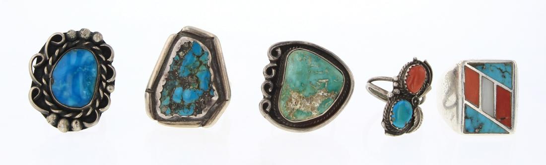 Old Pawn & Vintage Turquoise & Coral Rings Lot of Five (1 of 3)