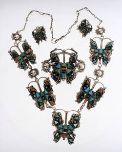 Old Pawn Zuni Butterfly Inlay Necklace Bracelet &: Sterling Silver | Genuine Turquoise, Spiny Oyster shell | Old Pawn Zuni Butterfly Inlay Necklace Bracelet & Earrings Set | Zuni Native American Southwest Indian Jewelry | Weight:121.1 Grams, | Dimensi