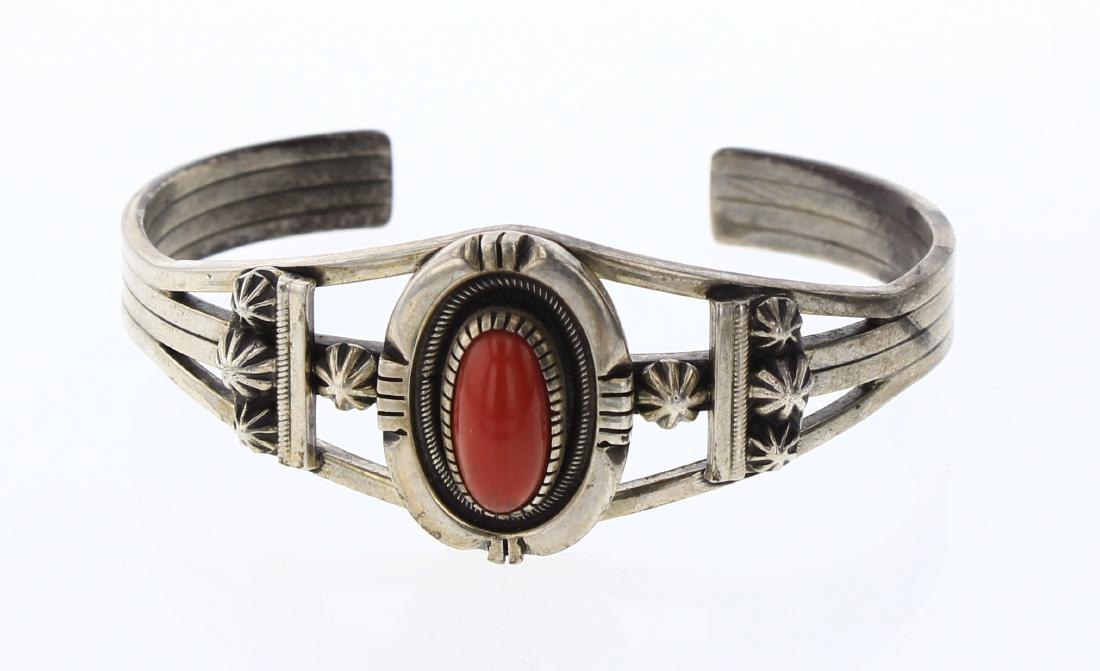 Tom Lewis Vintage OX Blood Coral Cuff Bracelet: Sterling Silver | Genuine Coral | Tom Lewis Vintage OX Blood Coral Cuff Bracelet | Navajo Native American Southwest Indian Jewelry | Weight:37.3 Grams, | Dimensions: Bracelet: 5.5" inner, 1" gap, 6.5"