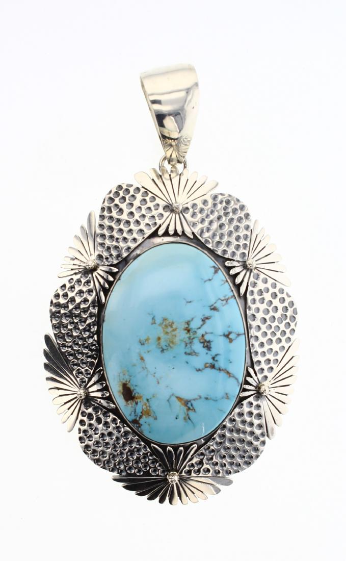 Marita Benally Turquoise Hive Motif Pendant: Sterling Silver | Genuine Turquoise | Marita Benally Turquoise Hive Motif Pendant | Navajo Native American Southwest Indian Jewelry | Weight:76.5 Grams, | Dimensions: Pendent: 2.5" x 4.25", 1.25" x 2"
