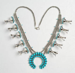 Danny Clark Contemporary Sleeping Beauty Turquoise: Sterling Silver | Genuine Sleeping Beauty Turquoise | Danny Clark Contemporary Sleeping Beauty Turquoise Large Squash Blossom Necklace | Navajo Native American Southwest Indian Jewelry | Weight:461.3