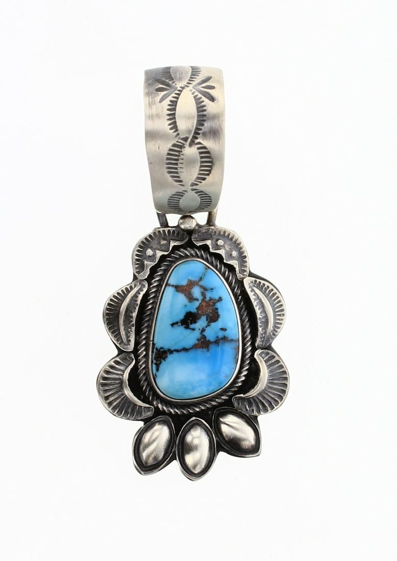 Sheila Tso Candelaria Turquoise Pendant: Sterling Silver | Genuine Candelaria Turquoise | Sheila Tso Candelaria Turquoise Pendant | Navajo Native American Southwest Indian Jewelry | Weight:16.4 Grams, | Dimensions: Pendent: 1" x 2.5" | Signe