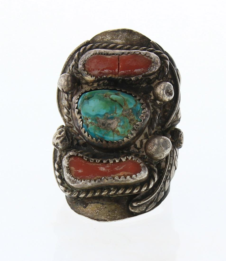 Old Pawn Turquoise & Coral Large Drop Ring (1 of 3)