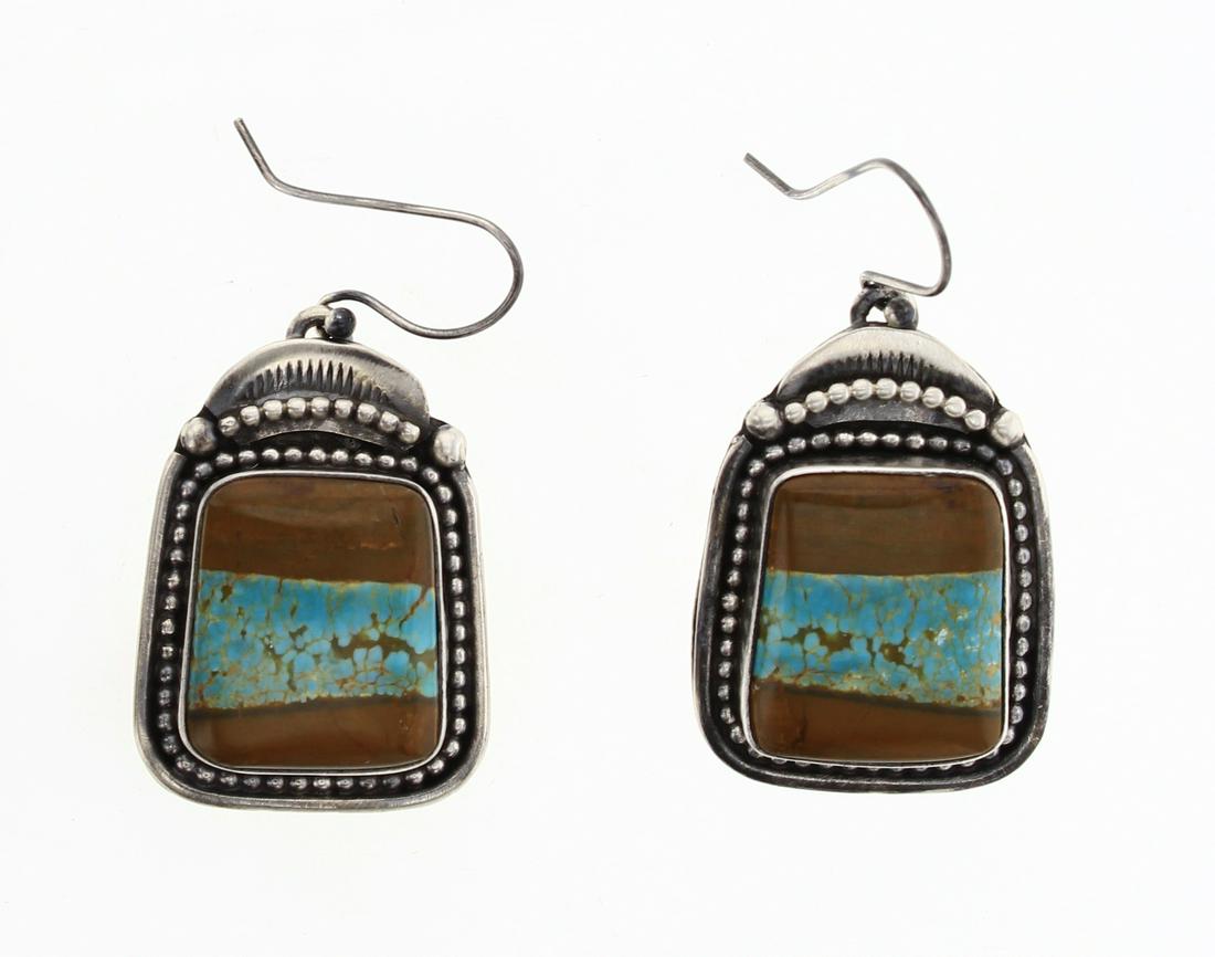 Larry Spencer Pilot Mountain Turquoise Hook Earrings: Sterling Silver | Genuine Pilot Mountain Turquoise | Larry Spencer Pilot Mountain Turquoise Hook Earrings | Navajo Native American Southwest Indian Jewelry | Weight:19.3 Grams, | Dimensions: Earrings: