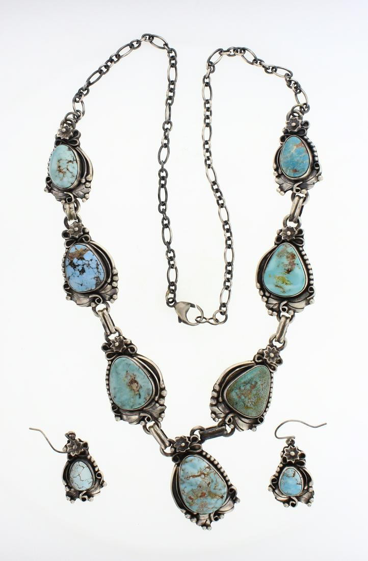 Larry Spencer Dry Creek Turquoise Necklace & Earrings: Sterling Silver | Genuine Dry Creek Turquoise | Larry Spencer Dry Creek Turquoise Necklace & Earrings Set | Navajo Native American Southwest Indian Jewelry | Weight:97.5 Grams, | Dimensions: Necklace: