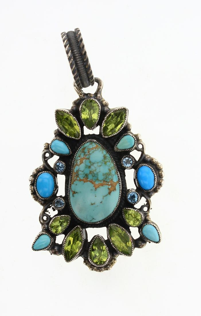 Leo Feeney Carrico Lake & Sleeping Beauty Turquoise: Sterling Silver | Genuine Carrico Lake Turquoise, Sleeping Beauty Turquoise, Blue Topaz & Green Peridot | Leo Feeney Carrico Lake & Sleeping Beauty Turquoise Blue Topaz & Peridot Vintage Pendant | Ang