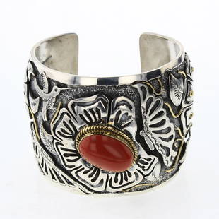 Larry Martinez Chavez LMC 18K Gold Over Silver Natural: Sterling Silver & 18K Gold | Genuine Ox Blood Japanese Momo Coral | Larry Martinez Chavez 1LMC 8K Gold Over Silver Natural Japanese Coral Intricate "Humming Bird Feeding" Overlay Wide Cuff