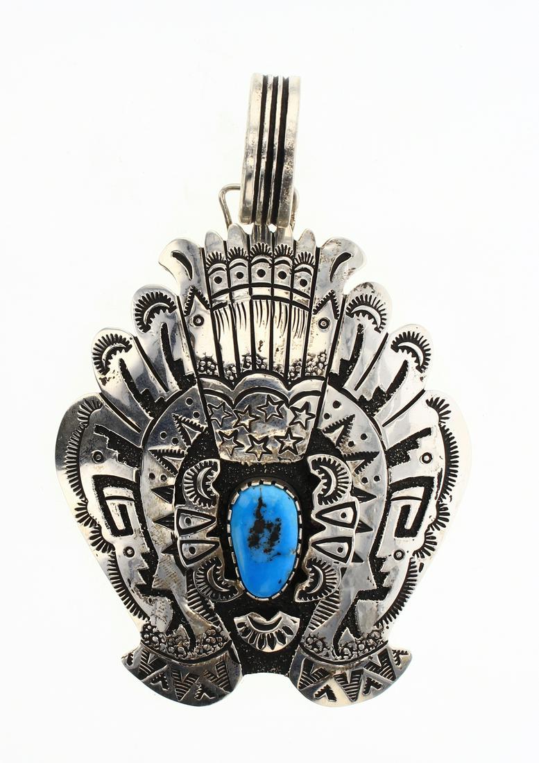 T&R Singer Sleeping Beauty Nugget Turquoise Geometric: Sterling Silver | Genuine Sleeping Beauty Nugget Turquoise | T&R Singer Sleeping Beauty Nugget Turquoise Geometric Stamp Pendant | Navajo Native American Southwest Indian Jewelry | Weight:65.1 Grams, 