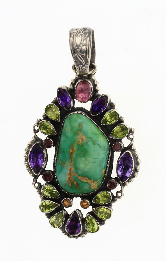 Leo Feeney Carrico Lake Turquoise & Multi Color: Sterling Silver | Genuine Carrico Lake Turquoise, Amethyst, Green Peridot & Tourmaline | Leo Feeney Carrico Lake Turquoise & Multi Color Gemstones Pendant | Anglo Southwest American Artist Native Amer