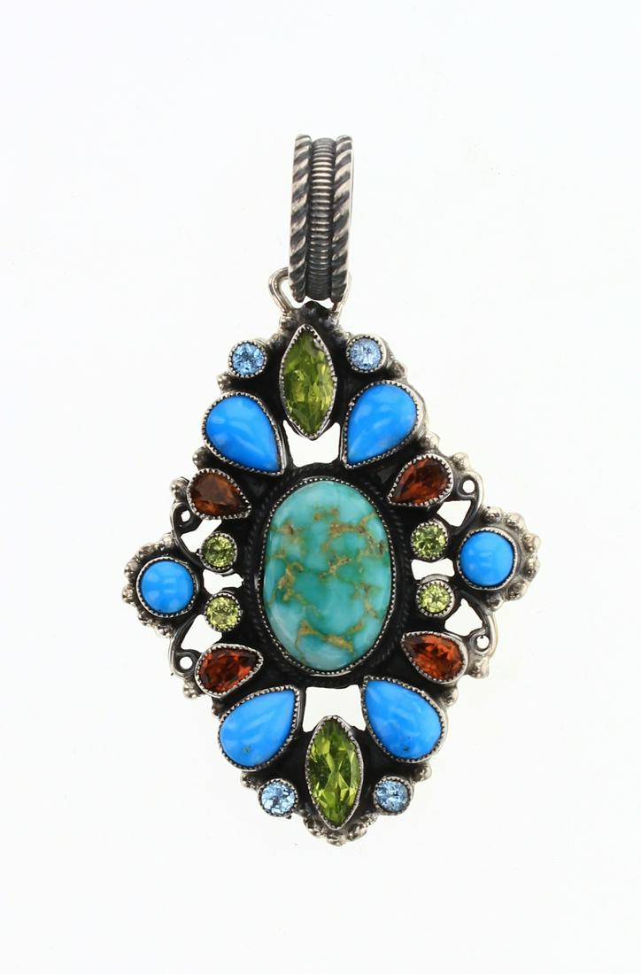 Leo Feeney Carrico Lake Turquoise Sleeping Beauty: Sterling Silver | Genuine Carrico Lake Turquoise, Sleeping Beauty Turquoise, Green Peridot & Garnett | Leo Feeney Carrico Lake Turquoise Sleeping Beauty Turquoise & Multi Color Gemstones Pendant | Ang