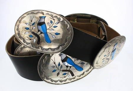 Old pawn Turquoise & MoP Zuni Bird Inlay Concho Belt: Sterling Silver | Genuine Turquoise, Mother Of Pearl, Acoma Jet | Old pawn Turquoise & MoP Zuni Bird Inlay Concho Belt | Zuni Native American Southwest Indian Jewelry | Weight:346.9 Grams, | Dimension