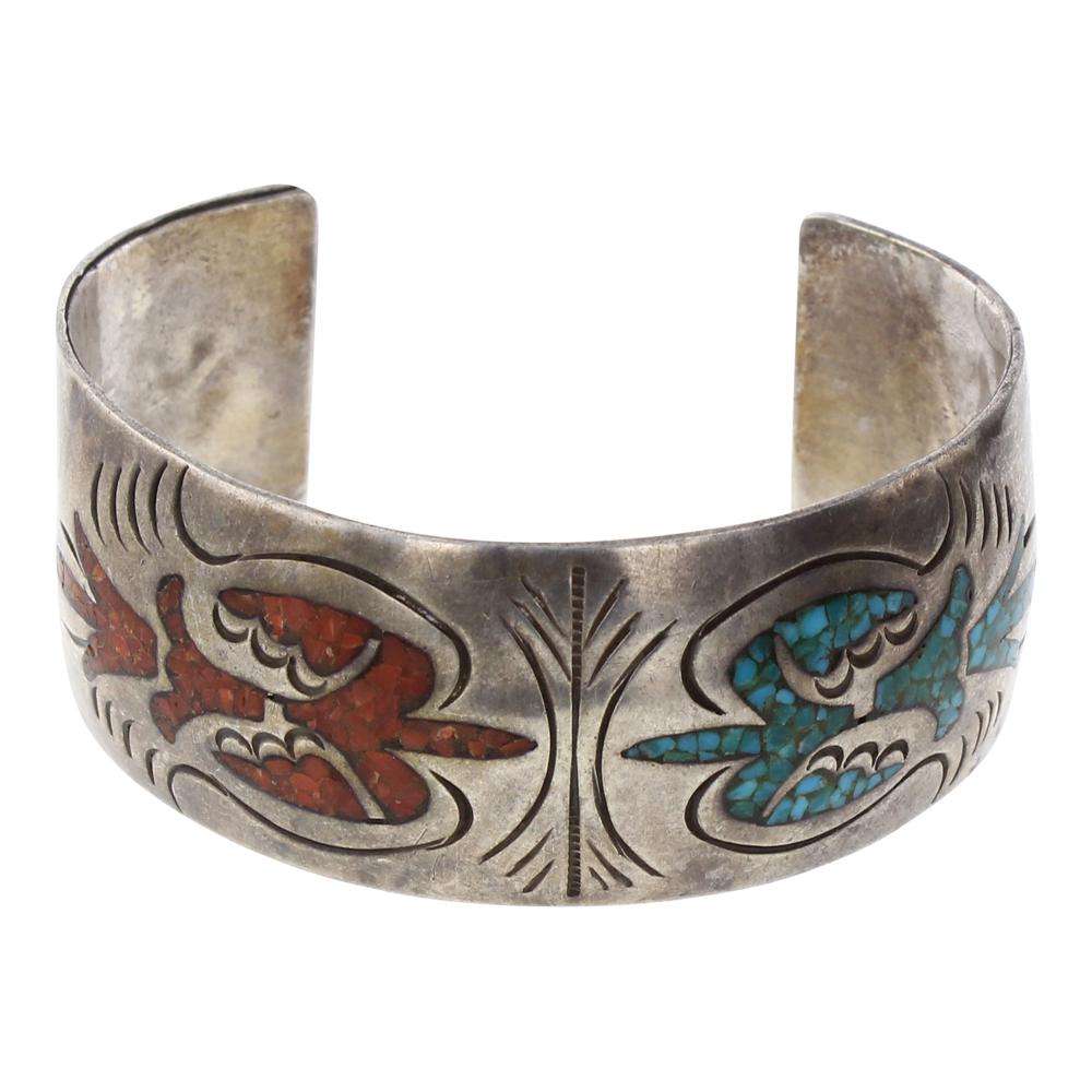 Old Pawn Turquoise & Coral Chip Inlay Cuff Bracelet (1 of 3)