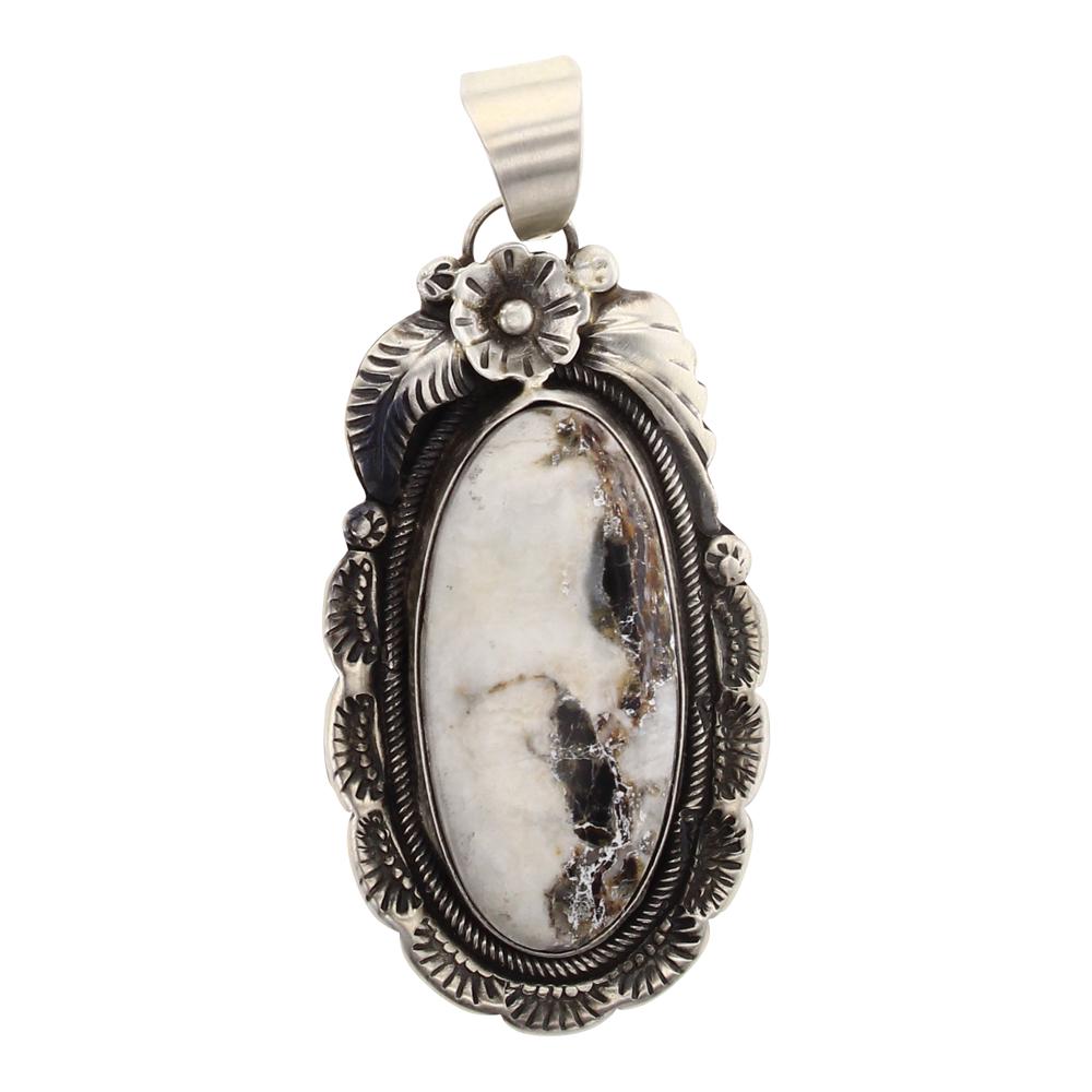 Freda Martinez White Buffalo Pendant: Sterling Silver | Genuine White Buffalo | Freda Martinez White Buffalo Pendant | Navajo Native American Southwest Indian Jewelry | Weight:18.3 Grams, | Dimensions: Pendent: 1" x 2.25" | Signed: F Mart