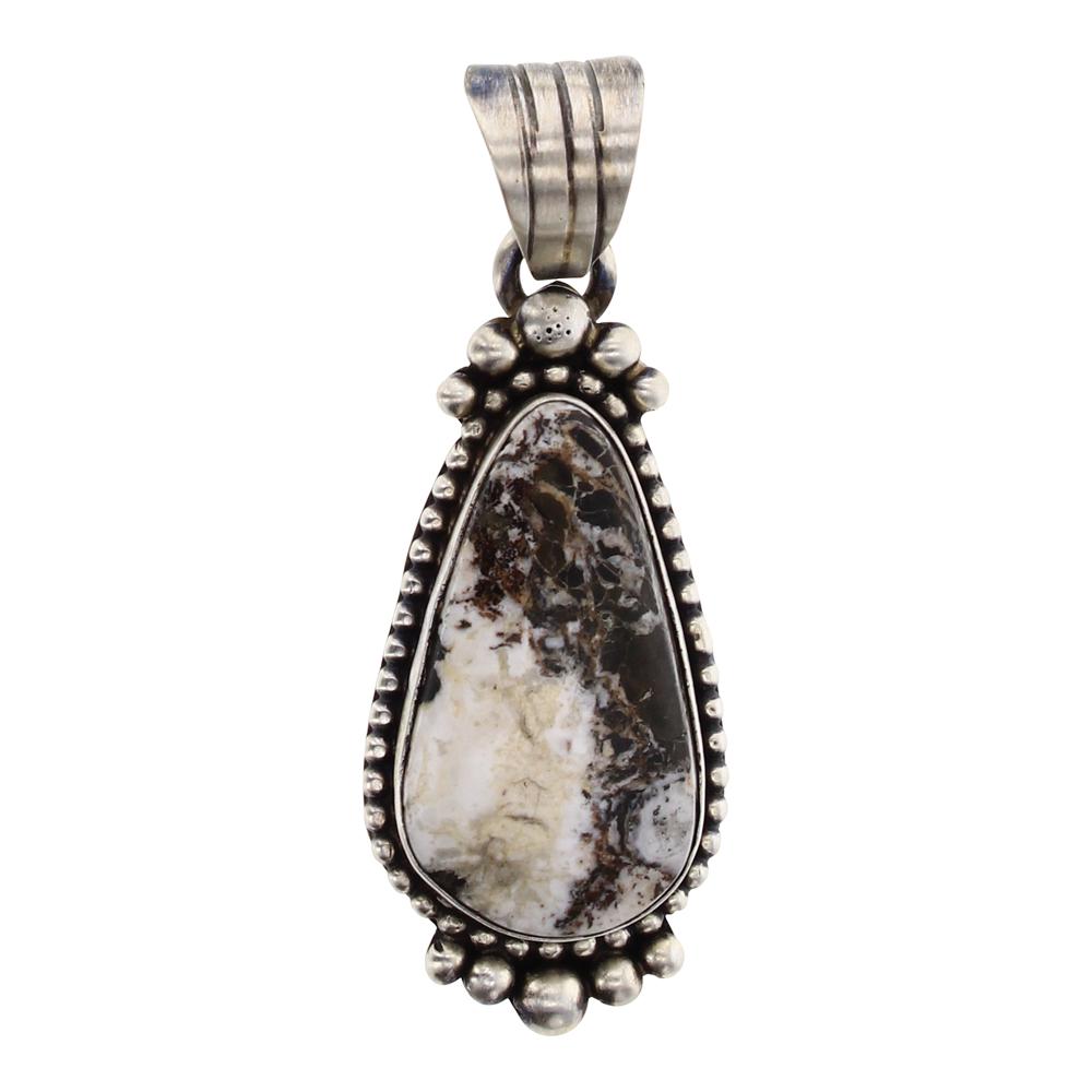 Larry Spencer White Buffalo pendant: Sterling Silver | Genuine White Buffalo | Larry Spencer White Buffalo pendant | Navajo Native American Southwest Indian Jewelry | Weight:13.5 Grams, | Dimensions: Pendent: .75" x 2.25" | Signed: L Spe