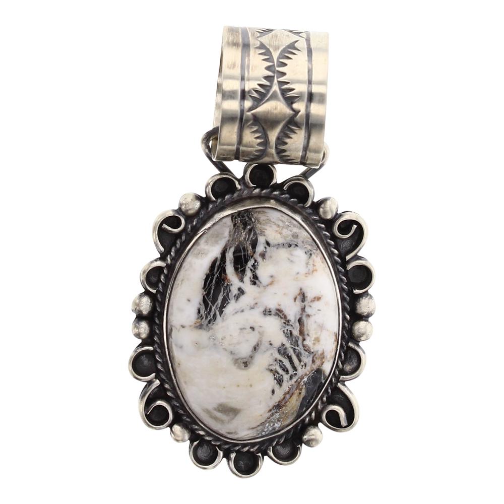 Harley Jake White Buffalo Pendant: Sterling Silver | Genuine White Buffalo | Harley Jake White Buffalo Pendant | Navajo Native American Southwest Indian Jewelry | Weight:19.2 Grams, | Dimensions: Pendent: 1.25" x 2.25" | Signed: Harley