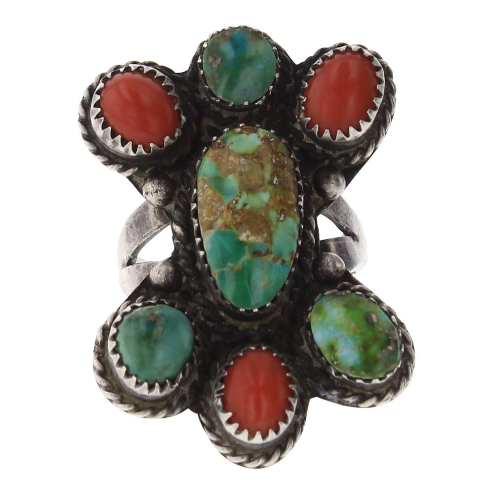 Old Pawn Royston Turquoise & Coral Cluster Ring (1 of 3)