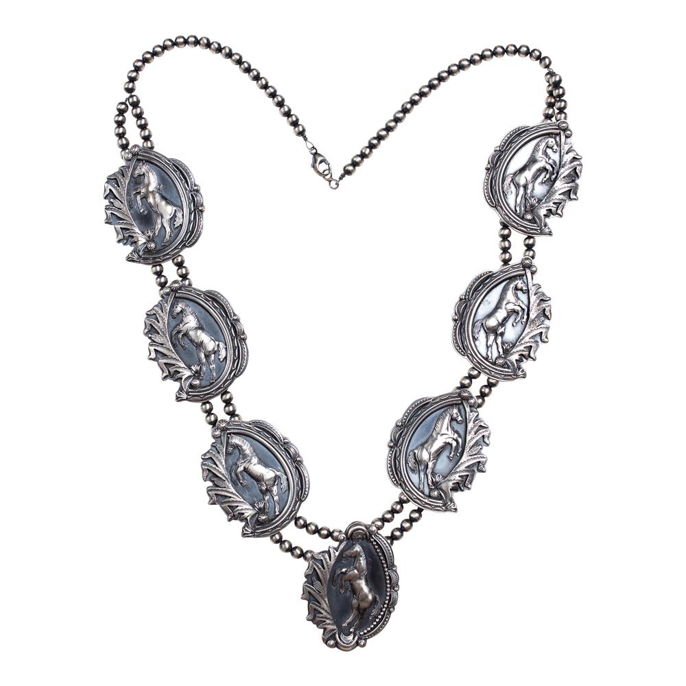 Larry Martinez Chavez Horse Necklace: Sterling Silver | | Larry Martinez Chavez Horse Necklace | Navajo Native American Southwest Indian Jewelry | Weight:244.1 Grams, | Dimensions: Necklace: 28" length, 1.75" x 2.5" center pendent | Signe