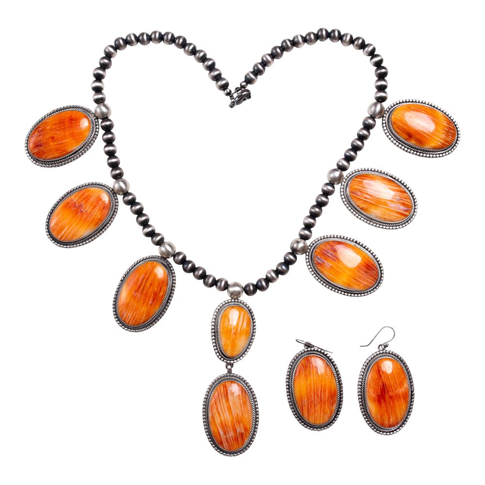 Larry Spencer Spiny Oyster Necklace & Earrings Set: Sterling Silver | Genuine Spiny Oyster | Larry Spencer Spiny Oyster Necklace & Earrings Set | Navajo Native American Southwest Indian Jewelry | Weight:259.1 Grams, | Dimensions: Necklace: 22" length, 