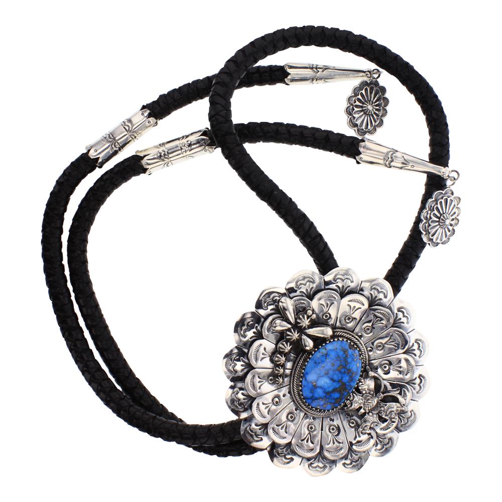 Larry Martinez Morenci Turquoise Flower Blossom Bolo: Sterling Silver | Genuine Morenci Turquoise | Larry Martinez Morenci Turquoise Flower Blossom Bolo Tie | Navajo Native American Southwest Indian Jewelry | Weight:231.6 Grams, | Dimensions: Bolo Tie: 2