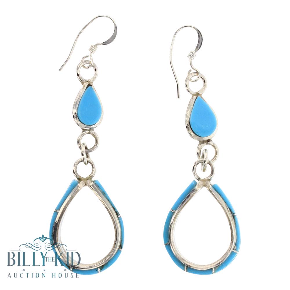Turquoise Zuni Inlay Hoop Dangle Earrings (1 of 2)