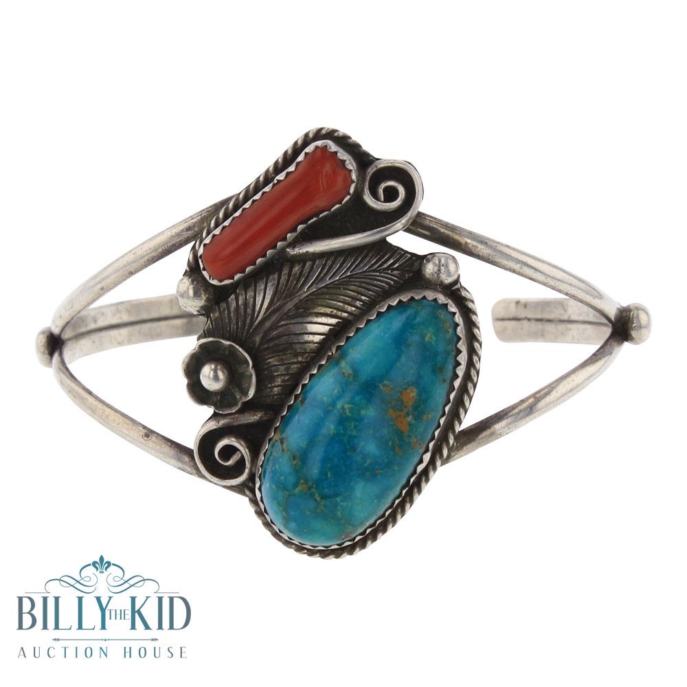 Old Pawn Blue Gem Turquoise & Branch Coral Bracelet (1 of 3)