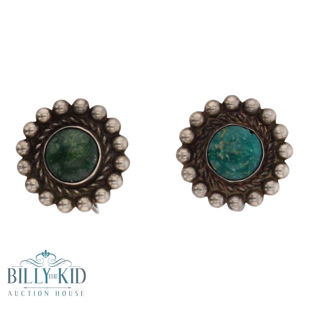 Old Pawn Fox Turquoise Clip On Screw Back Earrings: Sterling Silver | Genuine Fox Turquoise | Old Pawn Fox Turquoise Clip On Screw Back Earrings | Navajo Native American Southwest Indian Jewelry | Weight:7.3 Grams, | Dimensions: Earrings: .5" diameter 