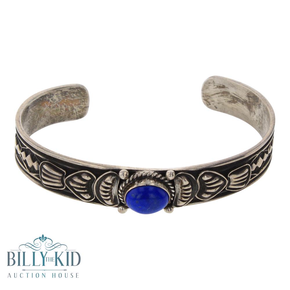 J.D. White Lapis Stamp Bracelet: Sterling Silver | Genuine Lapis | J.D. White Lapis Stamp Bracelet | Navajo Native American Southwest Indian Jewelry | Weight:24.1 Grams, | Dimensions: Bracelet: 5.25" inner, 1.25" gap, 6.5" total, .5"
