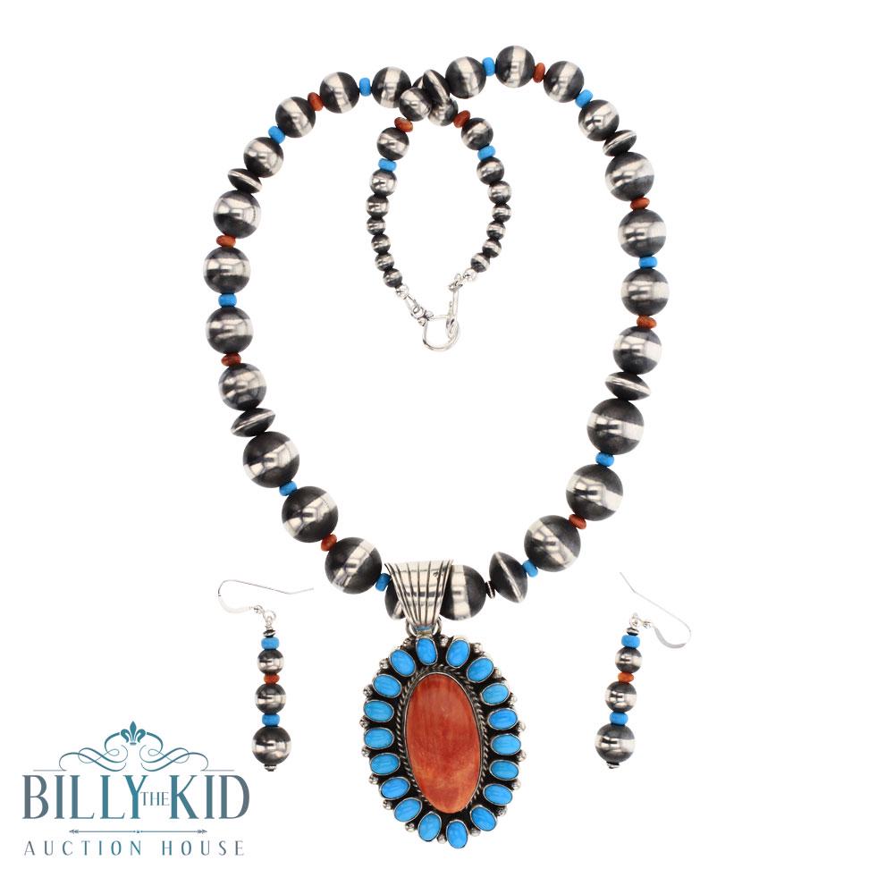 Sleeping Beauty Turquoise & Orange Spiny Oyster Cluster: Sterling Silver | Genuine Sleeping Beauty Turquoise & Orange Spiny Oyster | Sleeping Beauty Turquoise & Orange Spiny Oyster Cluster Navajo Pearl Necklace & Earrings Set | Navajo Native American Southw