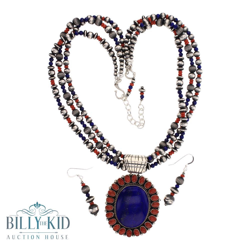 LY Lapis & Mediterranean Coral Navajo Pearls  Necklace (1 of 3)