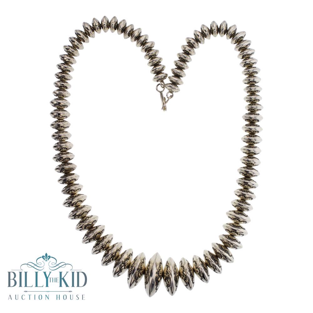 Larry Pinto Hand Stamped Roundel Graduated Disk Beads: Sterling Silver | | Larry Pinto Hand Stamped Roundel Graduated Disk Beads | Navajo Native American Southwest Indian Jewelry | Weight:143.9 Grams, | Dimensions: Necklace: 20" length, beads range from 1
