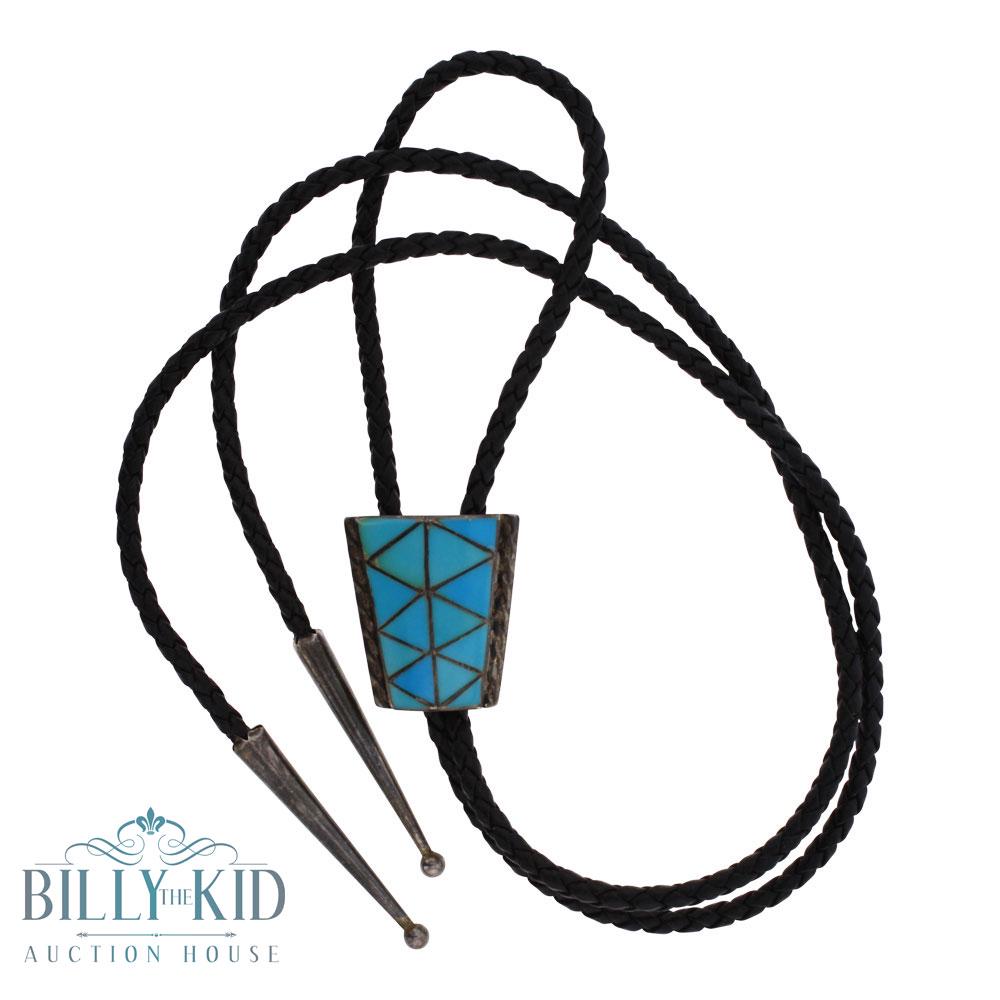 Old Pawn Sleeping Beauty Turquoise Zuni Inlay Bolo Tie (1 of 3)