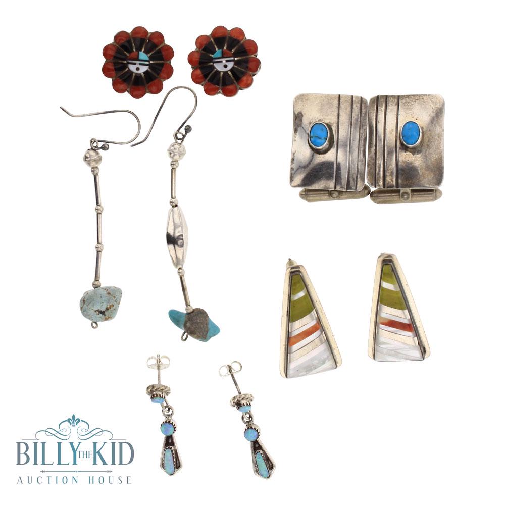 Vintage Turquoise & Coral Navajo & Zuni Four Pairs of (1 of 2)