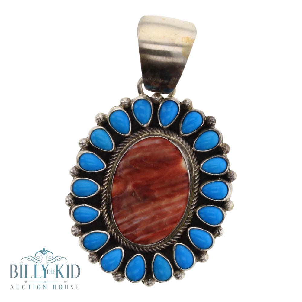 Beatty Tom Sleeping Beauty Turquoise & Spiny Oyster: Sterling Silver | Genuine Sleeping Beauty Turquoise & Spiny Oyster | Beatty Tom Sleeping Beauty Turquoise & Spiny Oyster Pendant | Navajo Native American Southwest Indian Jewelry | Weight:23.7 Grams, 