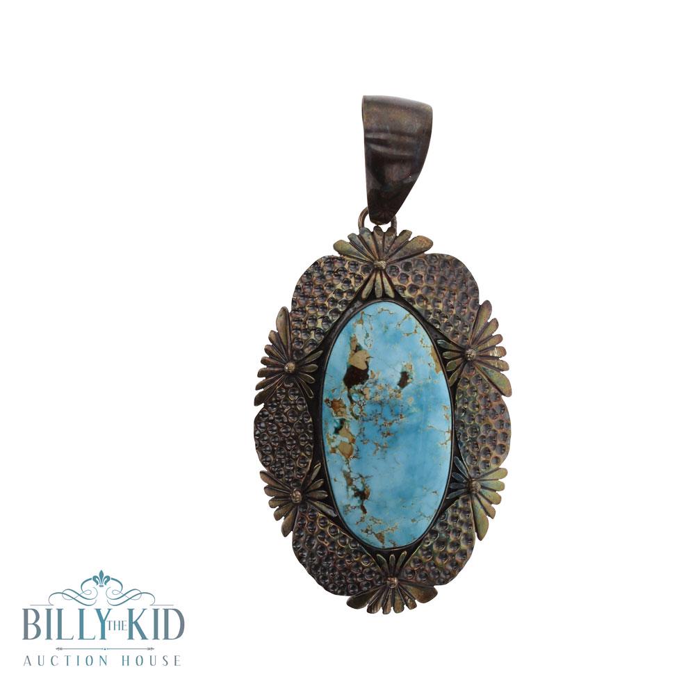 Vintage Marita Benally Turquoise Pendant: Sterling Silver | Genuine Turquoise | Vintage Marita Benally Turquoise Pendant | Navajo Native American Southwest Indian Jewelry | Weight:53.7 Grams, | Dimensions: Pendant: 4" x 2.5" | Signed: MB