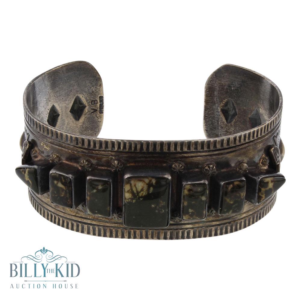 Virgil Begay Fox Turquoise Heavy Stamp Wide Cuff: Sterling Silver | Genuine Fox Turquoise | Virgil Begay Fox Turquoise Heavy Stamp Wide Cuff Bracelet | Navajo Native American Southwest Indian Jewelry | Weight:51.6 Grams, | Dimensions: Bracelet: 5.75"