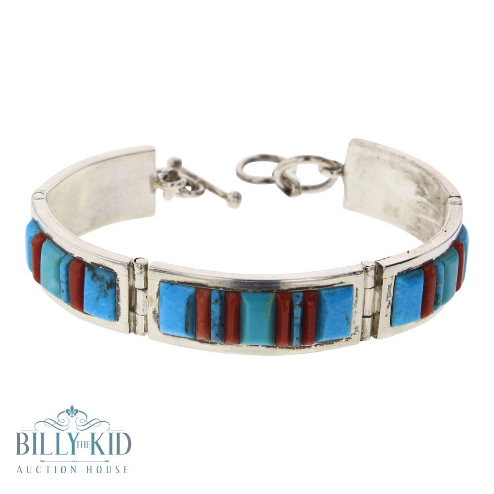 Vintage Turquoise & Coral Raised Inlay Link Bracelet (1 of 3)