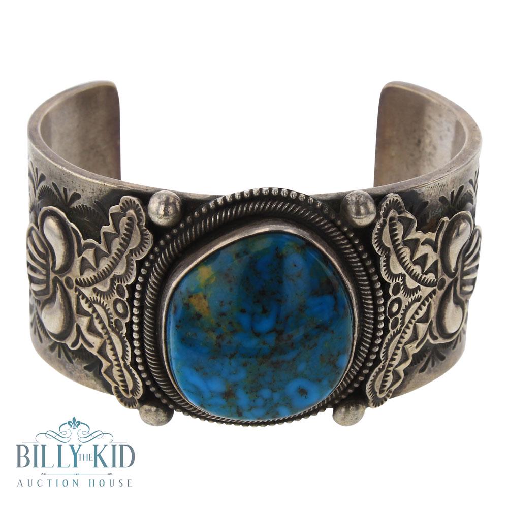 Nelvin Burbank Blue Gem Turquoise Heavy Stamp Wide Cuff (1 of 3)