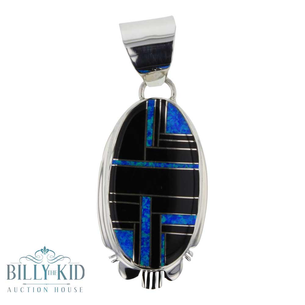 Rick Tolima Black Jade & Synthetic Opal Inlay Pendant: Sterling Silver | Synthetic Opal & Black Jade | Rick Tolima Black Jade & Synthetic Opal Inlay Pendant | Navajo Native American Southwest Indian Jewelry | Weight:14.1 Grams, | Dimensions: Pendant: 2" x