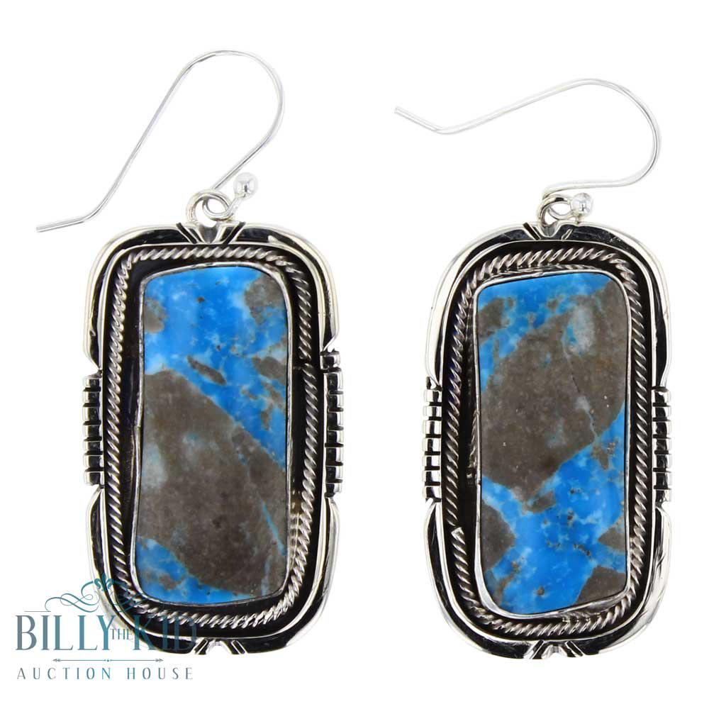 Edward Benally Blue Ridge Turquoise Earrings: Sterling Silver | Genuine Blue Ridge Turquoise | Edward Benally Blue Ridge Turquoise Earrings | Navajo Native American Southwest Indian Jewelry | Weight:18.5 Grams, | Dimensions: Earrings: 1.25" x .75