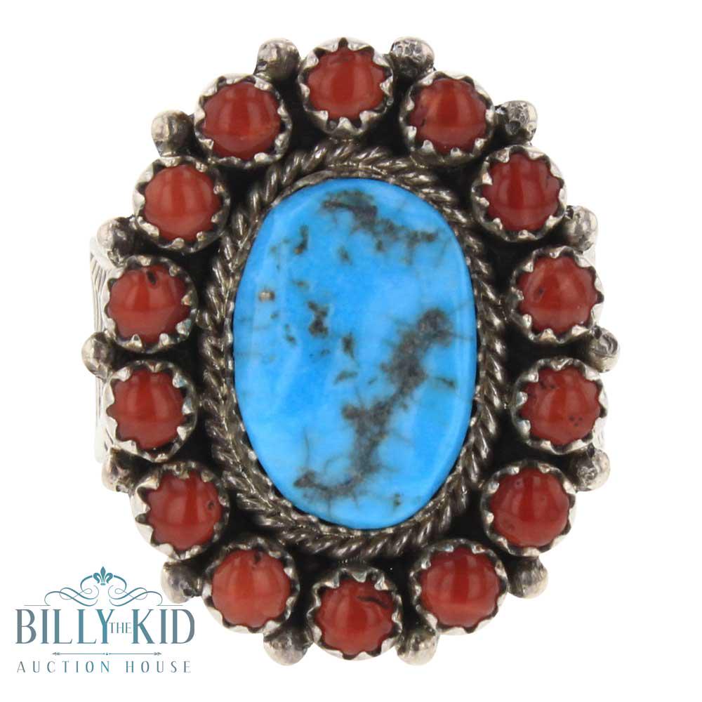 Kingman Turquoise & Coral Cluster Ring (1 of 3)