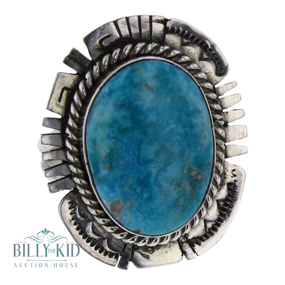 P. Skeets Blue Gem Turquoise Aztek Saw Work Ring (1 of 3)